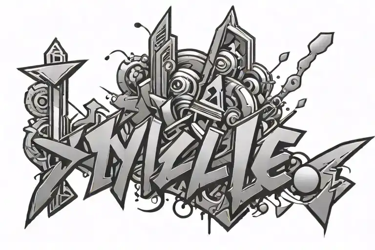 the name KYLE futuristic style graffiti design incorporating elements tattoo design idea