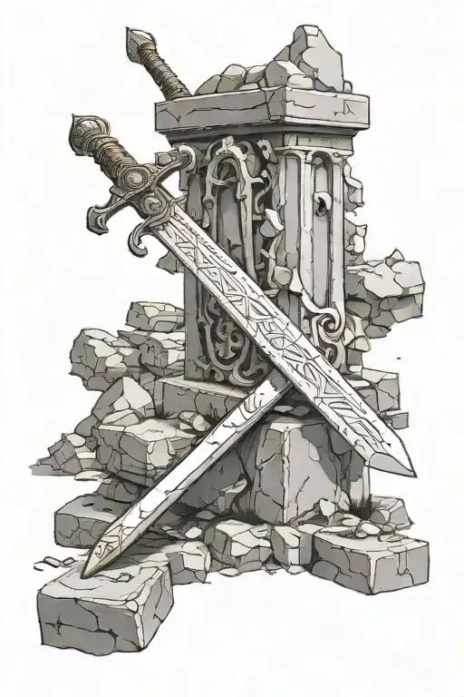 The sword Excalibur buried in a stone plinth on a modern city street tattoo design idea