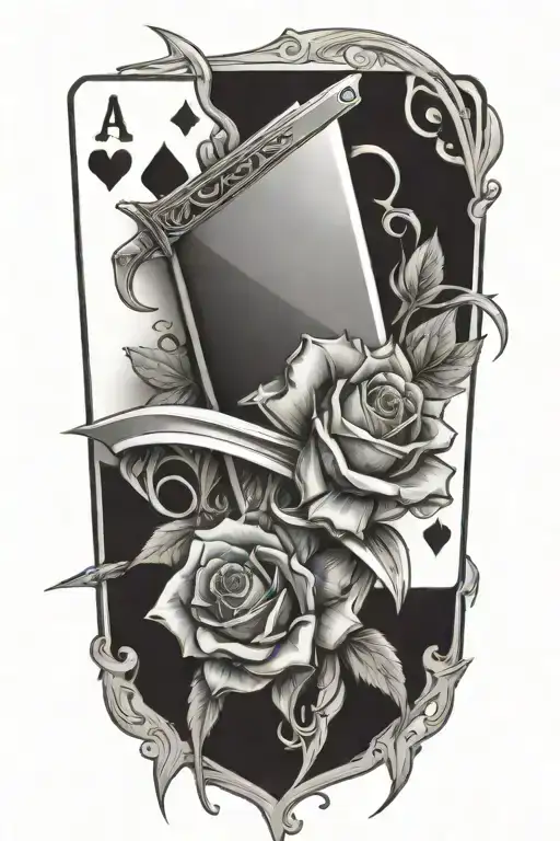 dagger going threw rose and vines wrapped around it with suits of cards etched in the blade  tattoo design idea