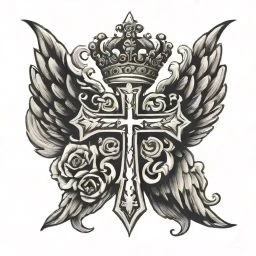 cross with wings and crown on the throat tattoo design idea
