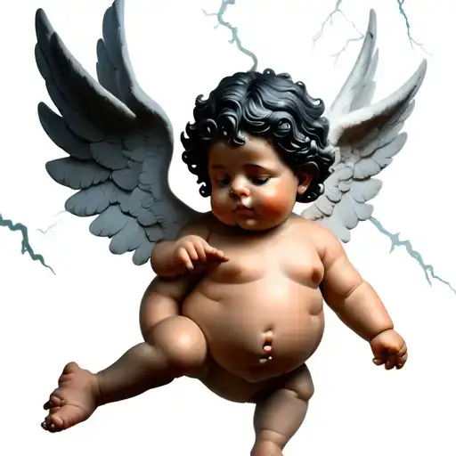 fat cherub with beutiful wings flying through a lightning storm middle fingers out tattoo design idea