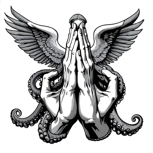 praying hands and octapus and apollon fc tattoo design idea