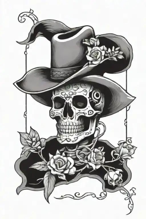 tarot card design featuring sugar skull with cowboy hat barb wire cross forget me not flowers tattoo design idea