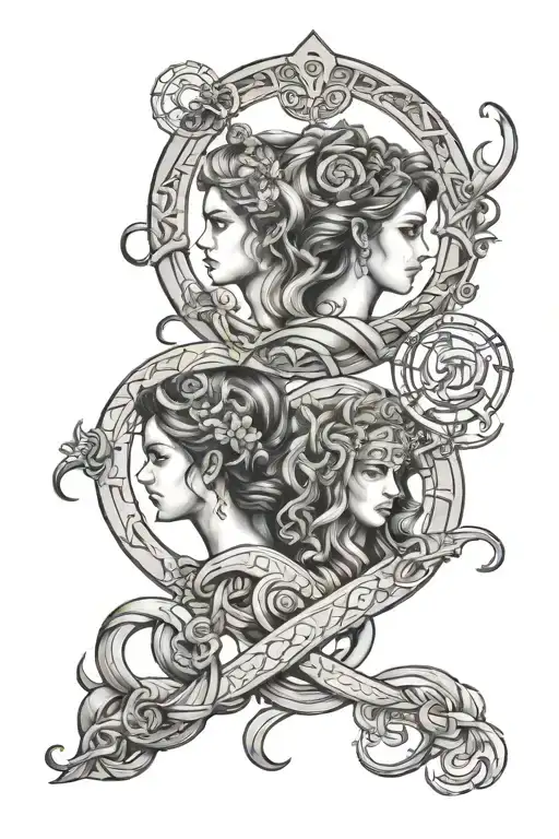 Aquarius, Libra, virgo, Aries, zodiac sign intertwined representing each of my siblings tattoo design idea