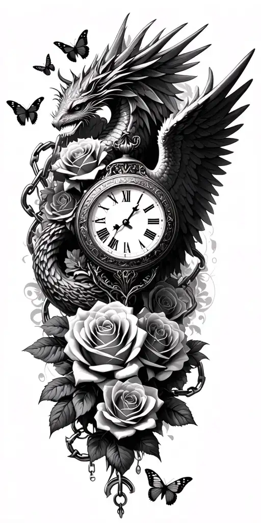 roses intertwined, clock face surrounded, angel wings, dragon, butterfly, chains tattoo design idea