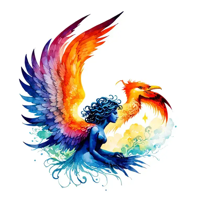 medusa and a pheonix rising Phoenix wings spread bright tattoo design idea