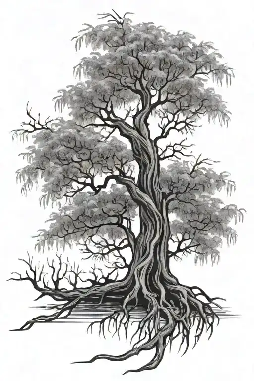 willow tree with roots shaped like 2004 written tattoo design idea