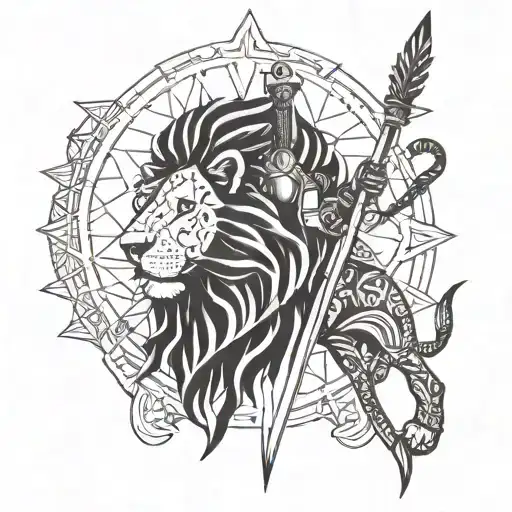 continent Africa, lion, Maasai warrior spear and finally the word "Mobundi" tattoo design idea