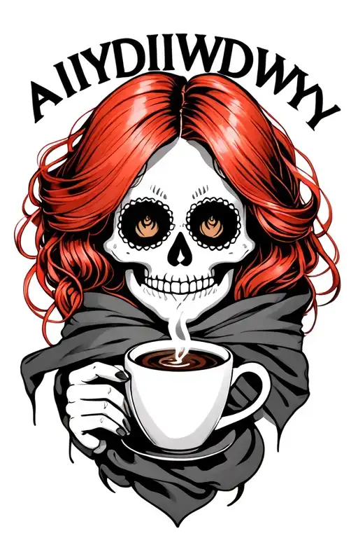 "AIYDIWDWY" sugar skull with red hair wearing a hair scarf holding a steaming cup of coffee tattoo design idea