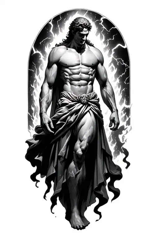 prometheus looking down from above full body like a god with lightning and fire around him tattoo design idea