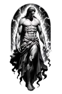 prometheus looking down from above full body like a god with lightning and fire around him tattoo design idea