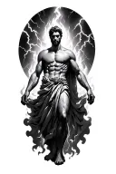 prometheus looking down from above full body like a god with lightning and fire around him tattoo design idea