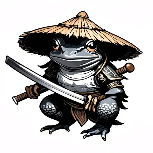japanese samurai frog wearing straw hat and has sword tattoo design idea