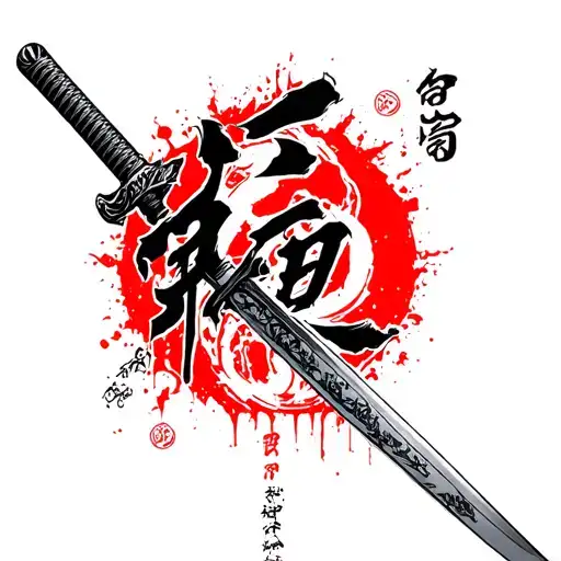 japanese script, katana sword, neo tribal, GOD word, fence tattoo, mixed all individually not one piece, red and black tattoo design idea
