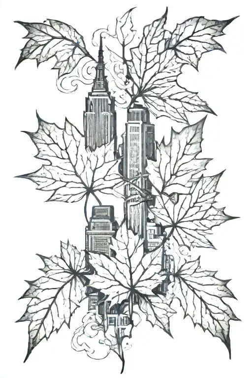 maple leaf intertwined with nyc skyline tattoo design idea