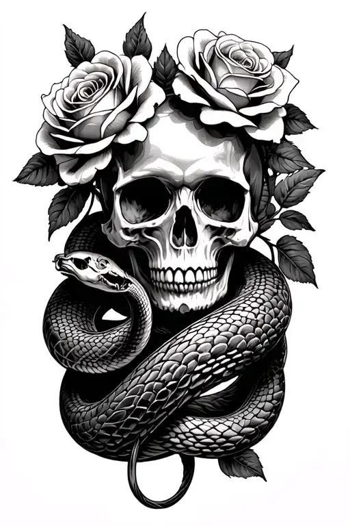 skull and snake wrapped with roses growing tattoo design idea