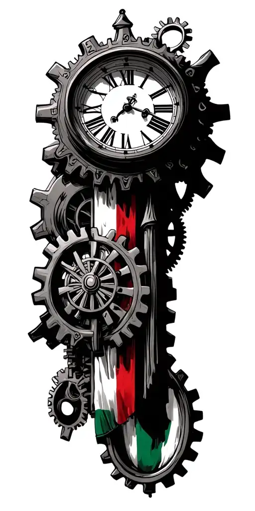 Roman numeral clock,an Italian flag,steampunk mechanical gears with a Roman numeral clock,the Leonardo da Vinci symbol, tattoo design idea