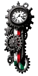 Roman numeral clock,an Italian flag,steampunk mechanical gears with a Roman numeral clock,the Leonardo da Vinci symbol, tattoo design idea