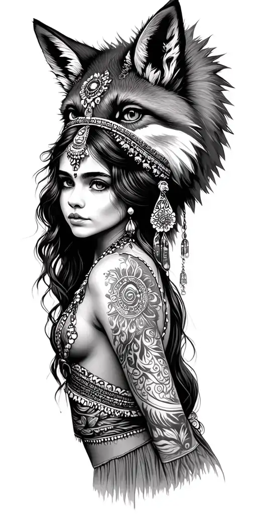 Romani Gypsy girl with fox headdress being worn with the whol fix body tattoo design idea