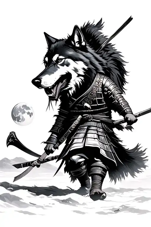 samurai walking with wolf howling at the moon tattoo design idea