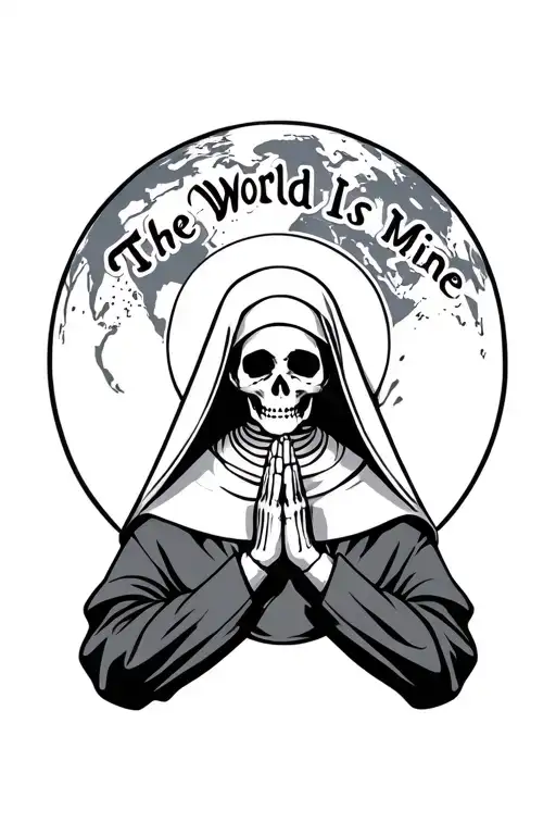 skeleton nun praying hands holding with words The World Is Mine with earth behind the head tattoo design idea