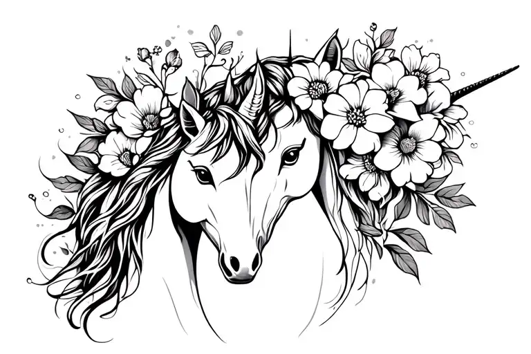 flowers and unicorns tattoo design idea