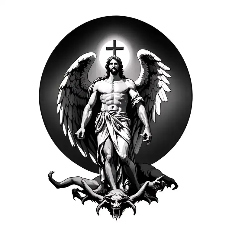 Saint Michael the Archangel stands on Satan, holding a cross that he raises above, above which is a round halo tattoo design idea