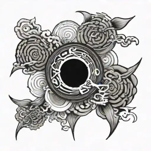 Japanese style tattoo design of the word with fine lines and abstract details. Black and white, with a touch tattoo design idea