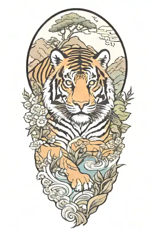 asian landscape tattoo featuring tiger emerging tattoo design idea