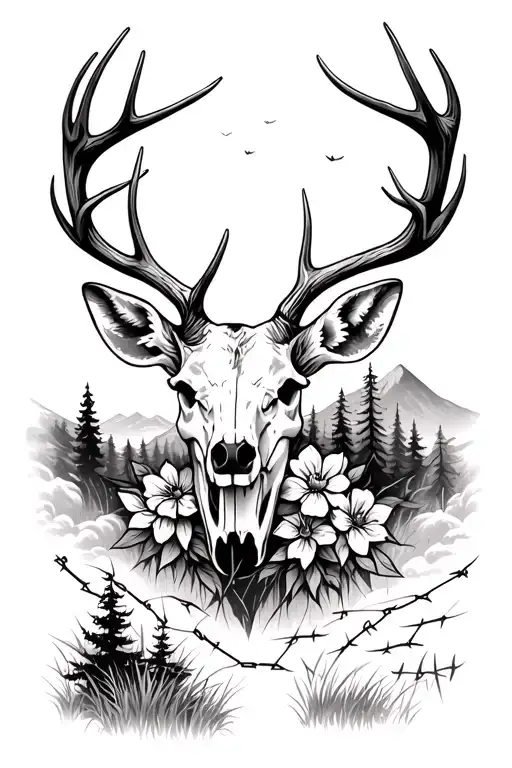 deer antlers, deer skull with flowers and barbwire, trees, moutains, clouds, dark forest,  tall grass tattoo design idea