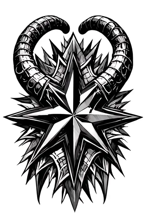 Blackwork tattoo design, 8-pointed chaos star with spear-like arrow tips, two large curved horns integrated  tattoo design idea