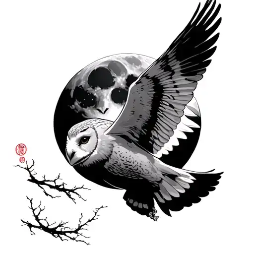 myamoto mushashi with a barn owl flying in front of a full moon in background  tattoo design idea