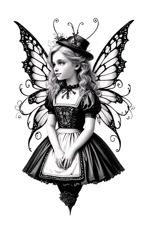 gothic alice in wonderland with fairy wings tattoo design idea