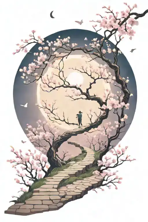 a puzzle forming a subtle, winding path in moonlight, surrounded by cherry blossom, the path leading nowhere tattoo design idea