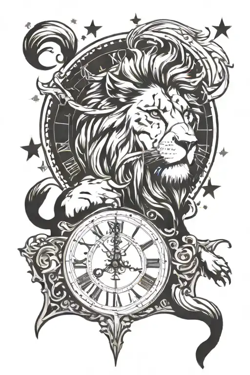 lion on top of a clock surrounded by stars  tattoo design idea