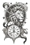 lion on top of a clock surrounded by stars  tattoo design idea