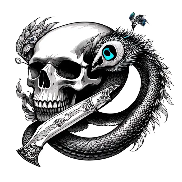 knife skull snake and peacock  tattoo design idea