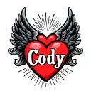 red heart with black wings and white name Cody tattoo design idea