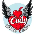 red heart with black wings and white name Cody tattoo design idea