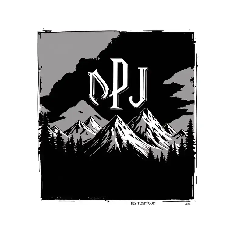 tattoo with the initials PJ with mountains in the initial letters tattoo design idea