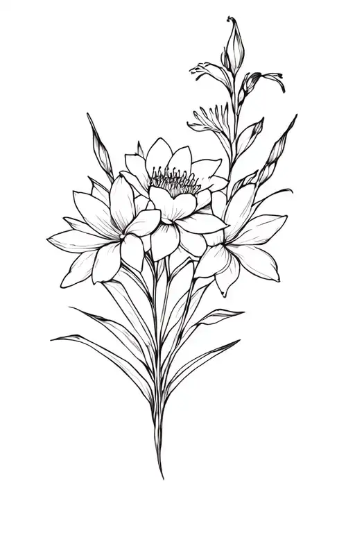 black line drawing. include a home plate, with a stem of waterlillies, gladiolus and cosmos behind it.  tattoo design idea
