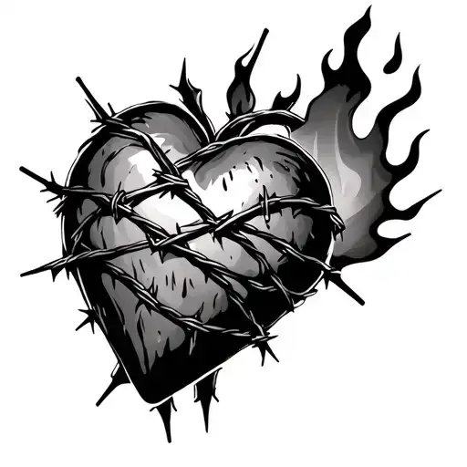 burning heart wrapped in barbed wire tattoo design idea