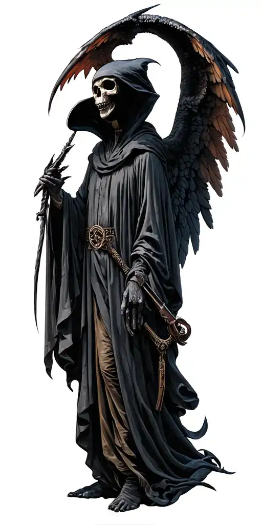 the angel of death with a plague doctor and a thestral. tattoo design idea