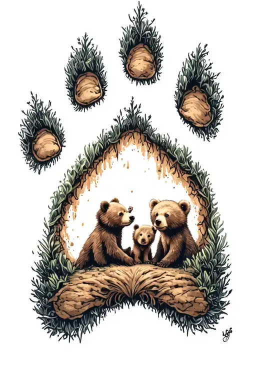 a bear paw print with a mother bear and two cubs inside. One cub is a boy, the other is a girl. tattoo design idea