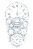 An abstract representation of the passage of time using a combination of a clock, hourglass, and sundial, with each element symbolizing a different era in history tattoo design idea