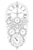 An abstract representation of the passage of time using a combination of a clock, hourglass, and sundial, with each element symbolizing a different era in history tattoo design idea