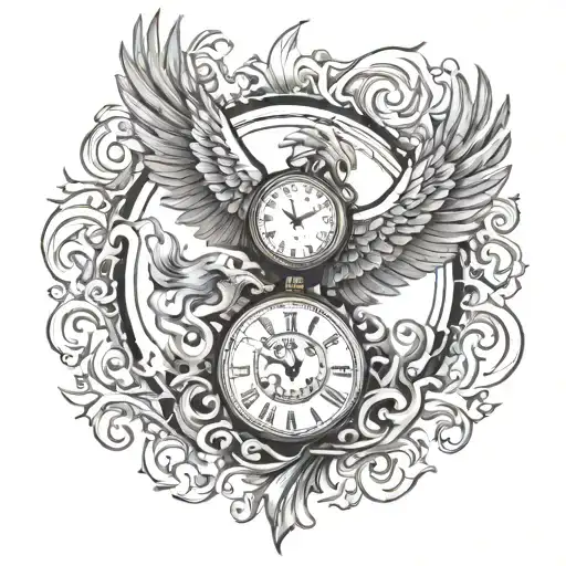 clock and Phoenix rising from flames tattoo design idea