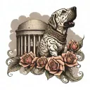 forearm sleeve with roman colosseum, labrador retriever, clouds with lighning, and small-medium rose pedals in the cloud tattoo design idea