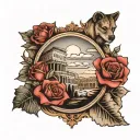 forearm sleeve with roman colosseum, labrador retriever, clouds with lighning, and small-medium rose pedals in the cloud tattoo design idea