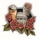 forearm sleeve with roman colosseum, labrador retriever, clouds with lighning, and small-medium rose pedals in the cloud tattoo design idea